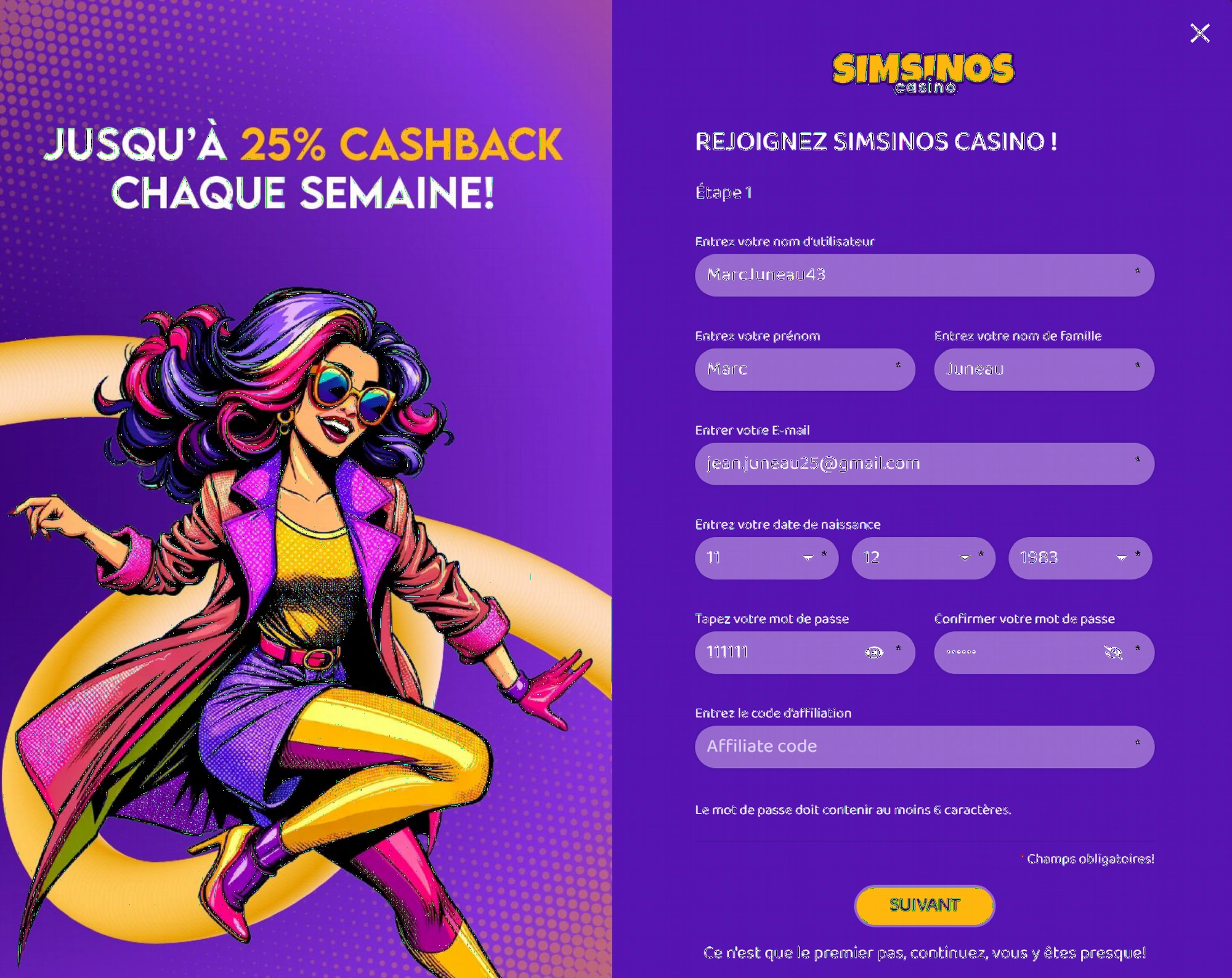 Processus d'inscription sur Simsinos Casino